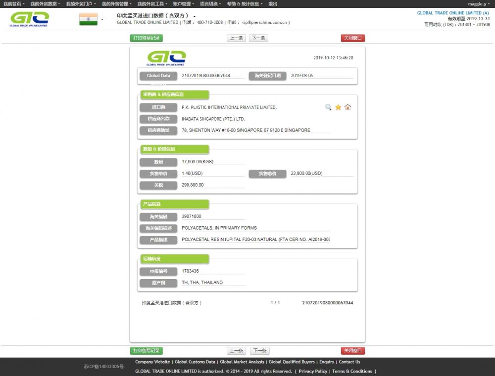 Polycetal Resin 인도 가져 오기 데이터 가져 오기