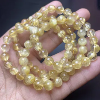 Natural Gemstone Golden Bangle: Rutilated Quartz Crystal Bracelet (Excellent Quality)
