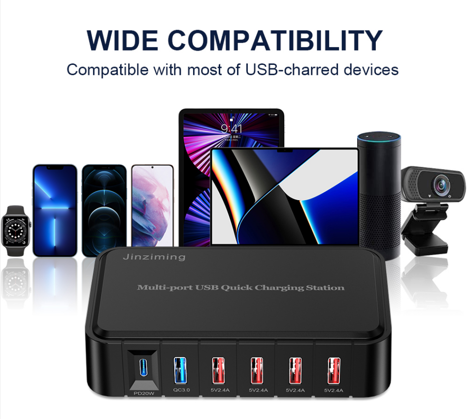 6 منافذ 86W PD &amp; QC3.0 USB Charger Station