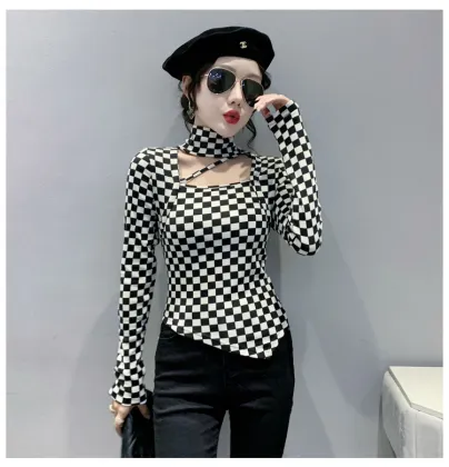 Milled wool bird check slim bottoming shirt