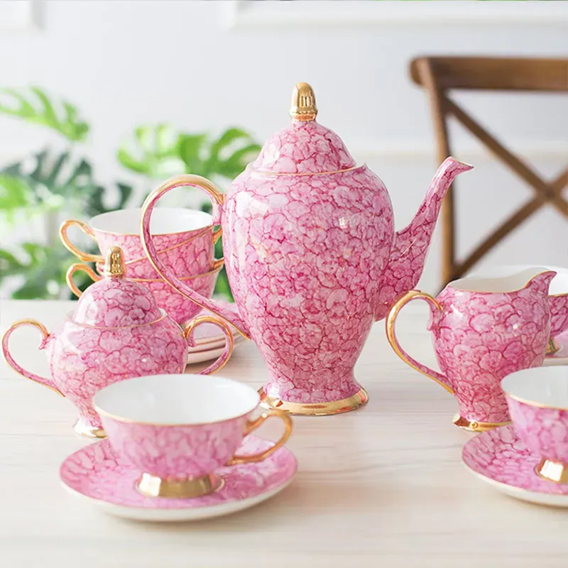 European Bone China Tea Set with Gemstone Blue and Pink Ceramic 15-Piece Coffee Cup Set