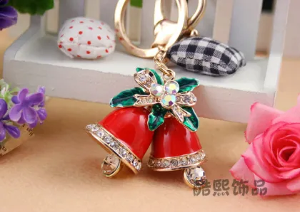 Cute and creative Christmas Bell enamel rhinestones key chain crystal metal keyring 3D bell bag hanger women gifts