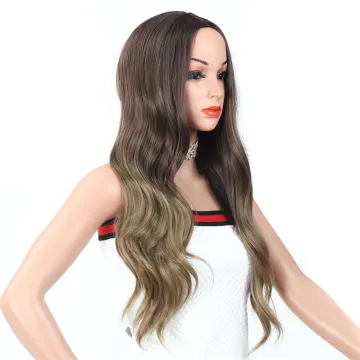 26  Inch Middle Part Long Body Wave Synthetic Wigs Ombre Brown Gray Ash Blonde Cosplay Hair Wig for Women Heat Resistant Fiber