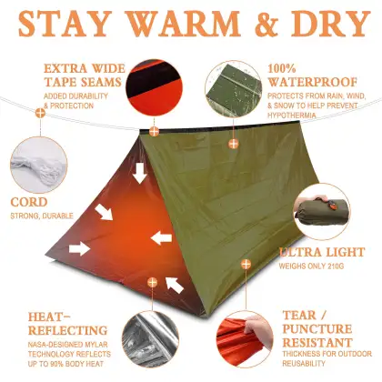Emergency Survival Tent Shelter- 2 Person Mylar Emergency Tube Tent Survival Kit