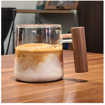 Copa de vidrio transparente de 450 ml con tapa y manija de nogal - té de borosilicato/taza de café