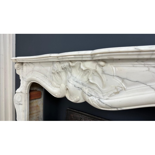 Custom White Marble Fireplace Mantel with Rococo Design