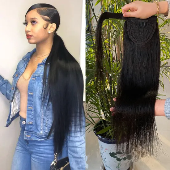 Silk Straight human clip in hair ponytail hair pieces, wrap around remy 100% human hair ponytails extensions for black women