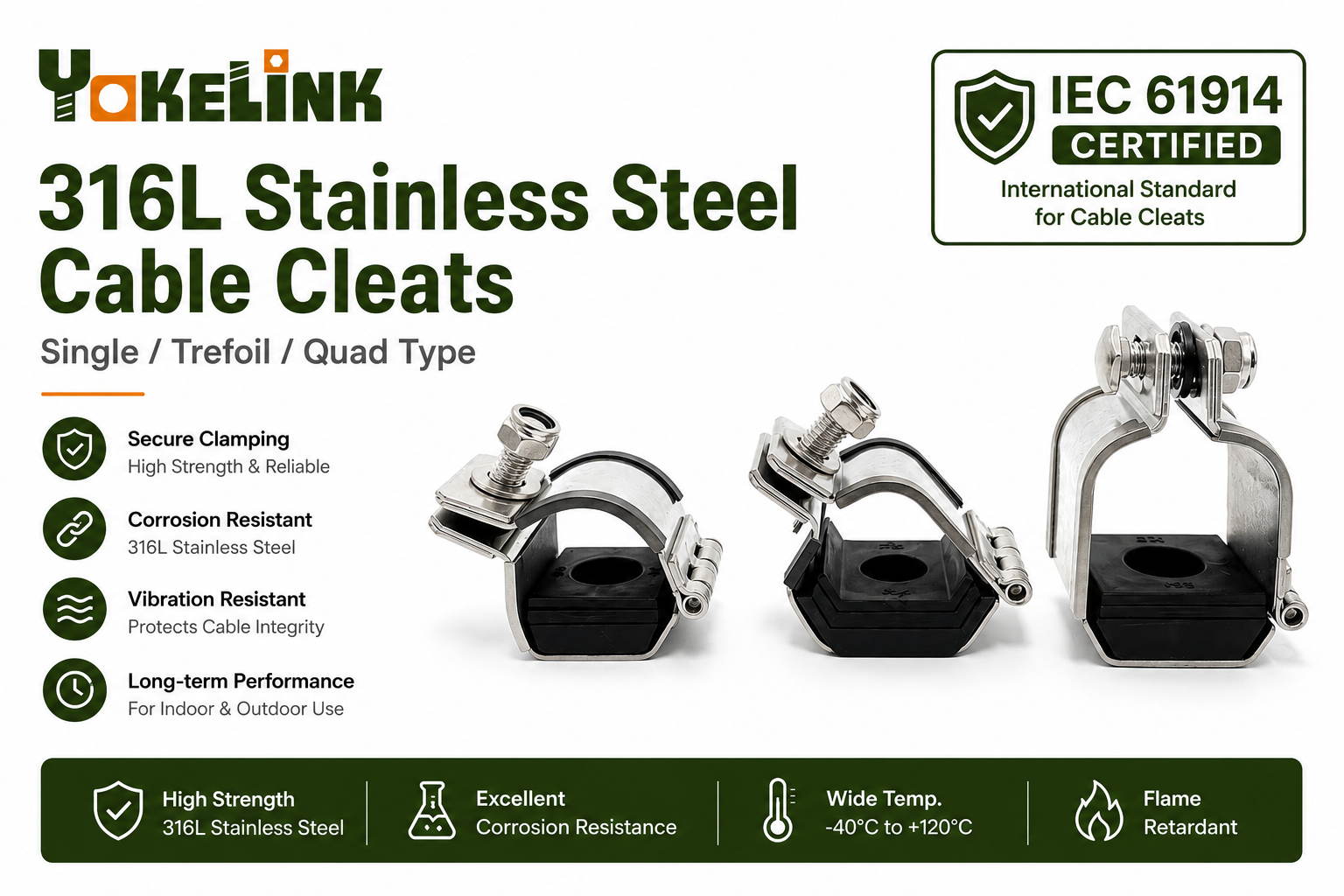 Single Trefoil Quad 316L Stainless Steel Cable Cleats YOKELINK