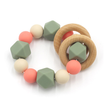 Geometric Silicone Wood Teether Ring Toy for Babies