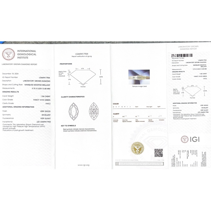 HPHT Green Lab เพชร Marquise Cut 1.06 กะรัต VVS2