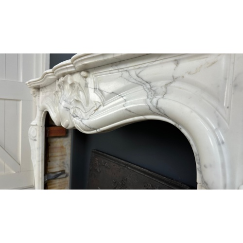 Custom White Marble Fireplace Mantel with Rococo Design