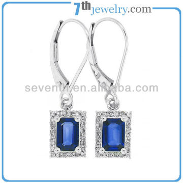 Big Beautiful Square Shaped Blue Colored Rhodium Plated Sapphire and Diamond Brass Hoop Earring For Women