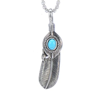 Ancient Silver Turquoise Ornament Stone Feathers Pendant