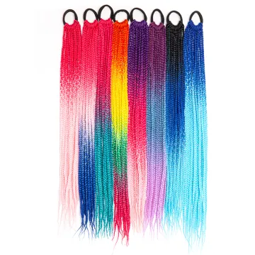 Wholesale Colors 24inch Long Box Braid Synthetic Hairpiece Ombre Braiding Hair Extensions Braid Ponytail With Hair Rubber Bands