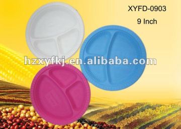 biodegradable disposable 9 inch colored plastic plate with three compartment