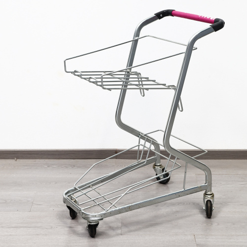 Steel Mesh Supermarket Cart with Dual Shelves