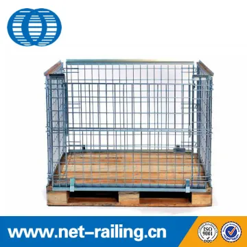 Collapsible metal steel wire mesh pallet cage with wooden pallet