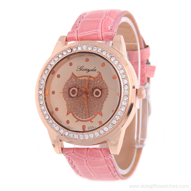 Owl Vein Leather Strap Rhinestone Quartz Watch