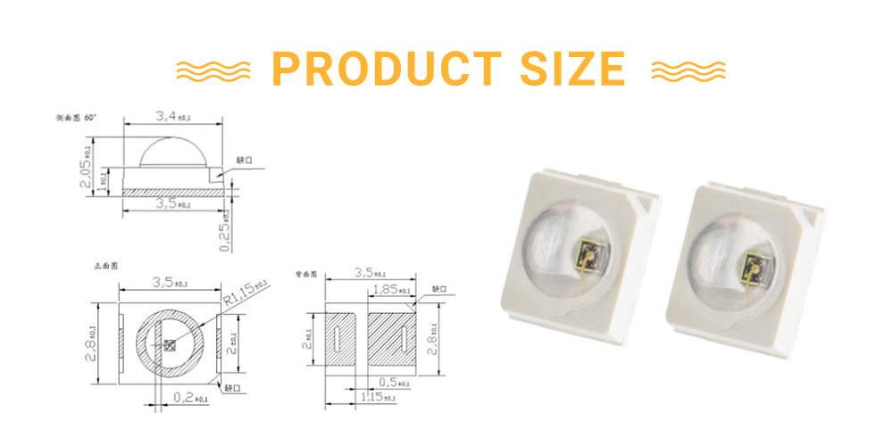 Size of 2835FOC61D10L20A60 Orange 610nm Standard LED Dome Lens 60-degree 150mA 610nm SMD LED