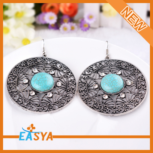 Antique Silver Big Round Turquoise Stone Earrings Jewelry