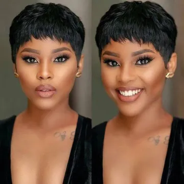 Pixie Cut Machine Made Wigs Short 100% Human Hair Wigs for Black Women Short Straight Black Ladies Wigs 2 colors