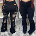 China Ladies denim flared ripped pants Manufactory