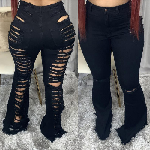 High Waisted Ripped Denim Pants Ladies denim flared ripped pants Manufactory