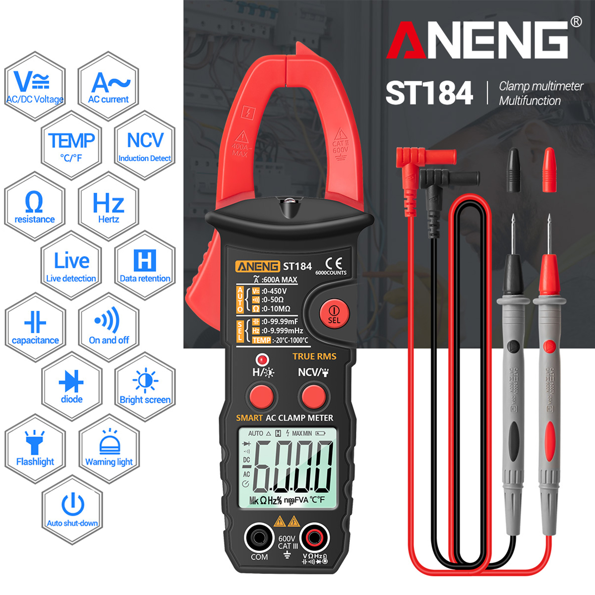 ANENG True RMS Digital Multimeter Clamp Meter DC/AC Voltage Detector AC Amp Meter with Ohm Capacitance NCV Clamp Meter