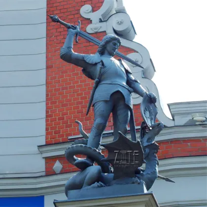 Large Metal Bronze St George Statue With Dragon Sculpture