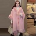 Women's Faux Rabbit Fur Collar Hooded Shawl Cape