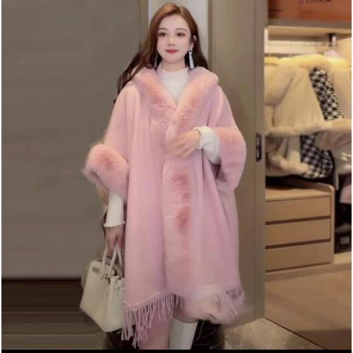 Women's Faux Rabbit Fur Collar Hooded Shawl Cape