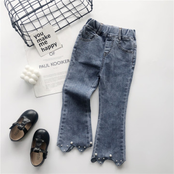 New style foreign children blue jean flare pants pearl lace trousers little girl jeans