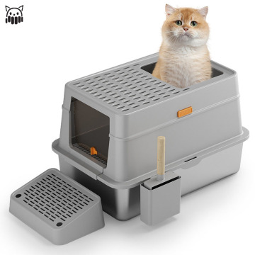 Kotak sampah kucing yang tertutup keluli tahan karat mofesipi dengan poop scooper dan tikar