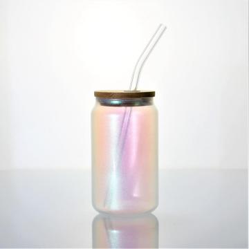 Iridescent Beer Can Shape Glass With Bamboo Lid