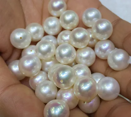 White or cream round fresh water loose water pearls with two holes for jewelry
