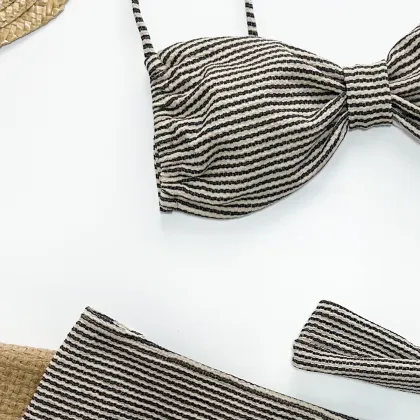 2025 Striped Bikini Set with Skirt and Push-Up Top