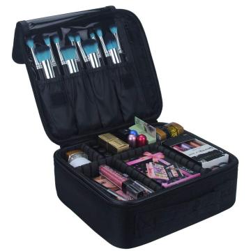 Portable Travel Makeup Train Case with Adjustable Dividers for Brushes and Cosmetics