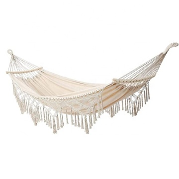 Outdoor Bohemian White Fringed Macrame Hammock with Wooden Bar