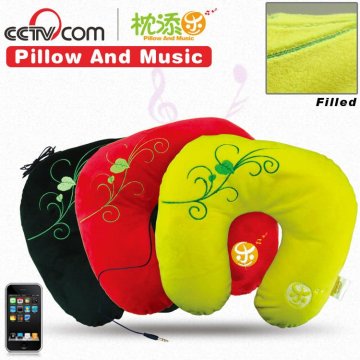 U-shaped travel neck sound pillow, plush cover with cable connecting to MP3/4