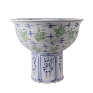 RZSX111-F Jingdezhen High Foot Ceramic Planter with Ancient Blue and Green Cranes Pattern
