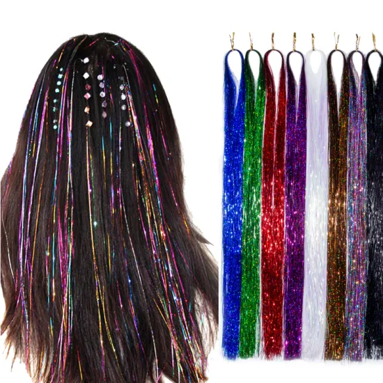 48 inch shinning Shiny Hair Tinsel 18 Colors Party Highlights Glitter Synthetic Hair 600-700 Strands Hair Tinsel Rainbow