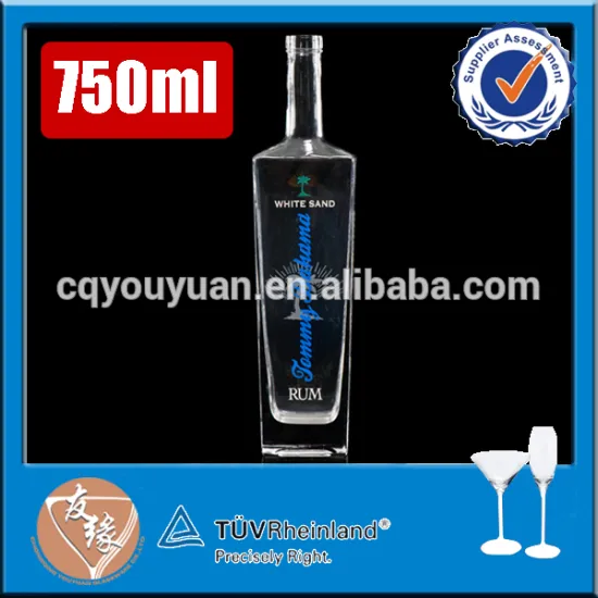 Personalized brand custom logo cork top flat rum packaging high flint bottle glass 750ml