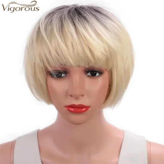 Vigorous Short Bob Hair Wigs 10" Straight with Flat Bangs Synthetic Ombre Blonde Mixed Colors Cosplay Daily Party Wig for Women