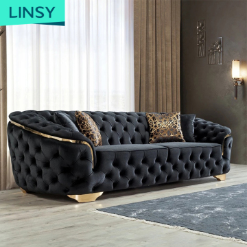 Black Blue 3 Seat Velvet Chesterfield Lounge Sofa Set