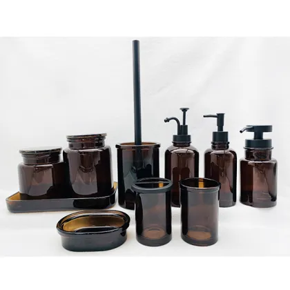 reusable brown plastic bath bottle set