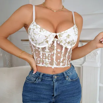 2024 Women's Sexy Mesh Lace Bustier Top with Fishbone Sequin Embroidery