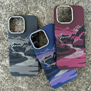 Carbon Fiber Alloy Lens Wireless Charging Hard Cover for iPhone 15/14/13 with Magnetic Mountaintop Rivers Design