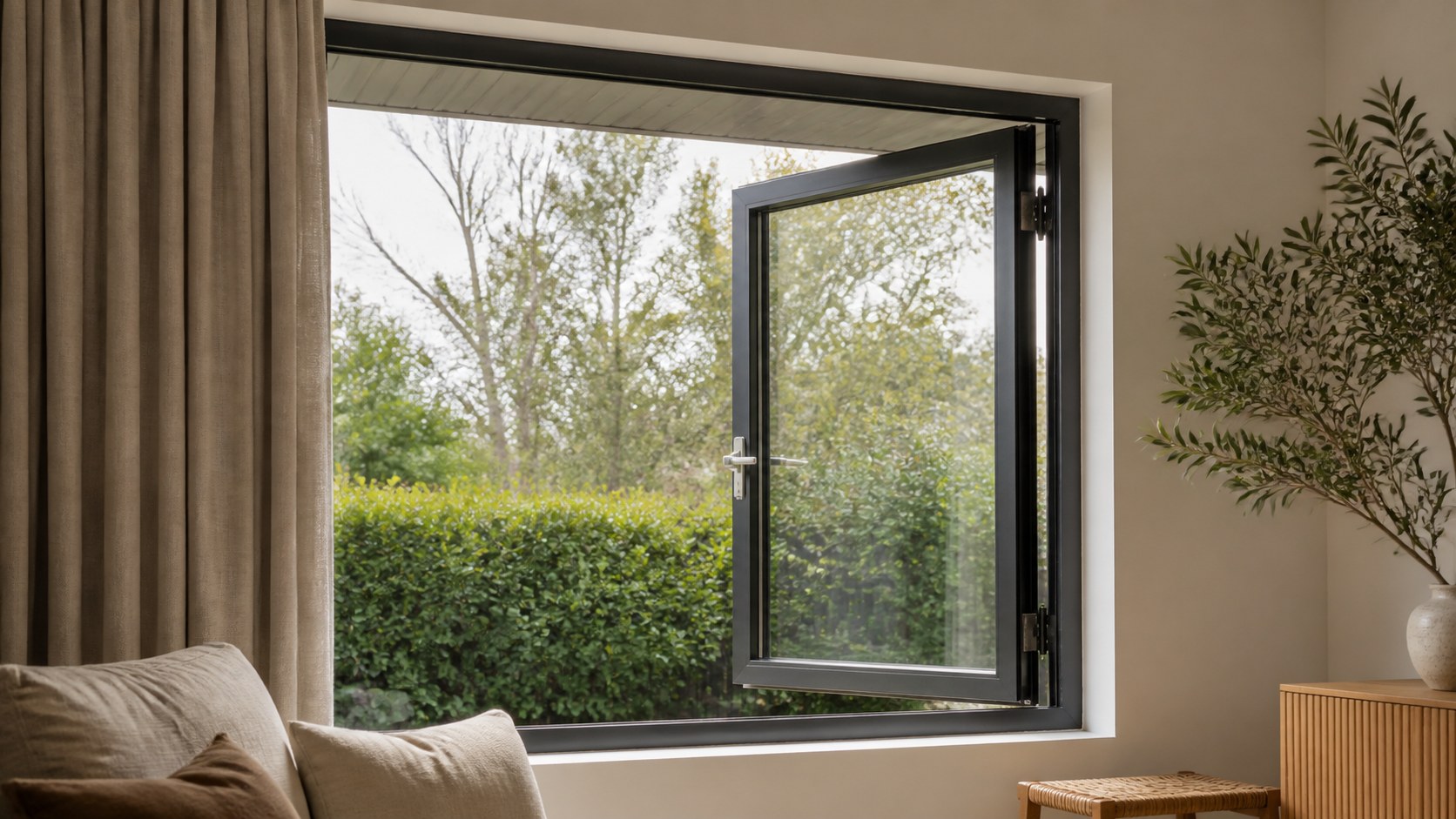 Close view of a finished double glazed casement window frame gasket and glass spacer