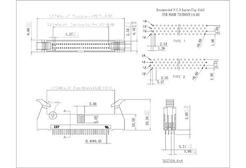 1,27*2,54 mm de conector do cabeçalho do ejector masculino Dip reta /180 graus