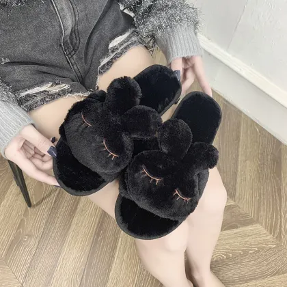 Women fur slippers Female indoor home lovely cartoon rabbit fur slippers Non-slip warm plush slides slippers